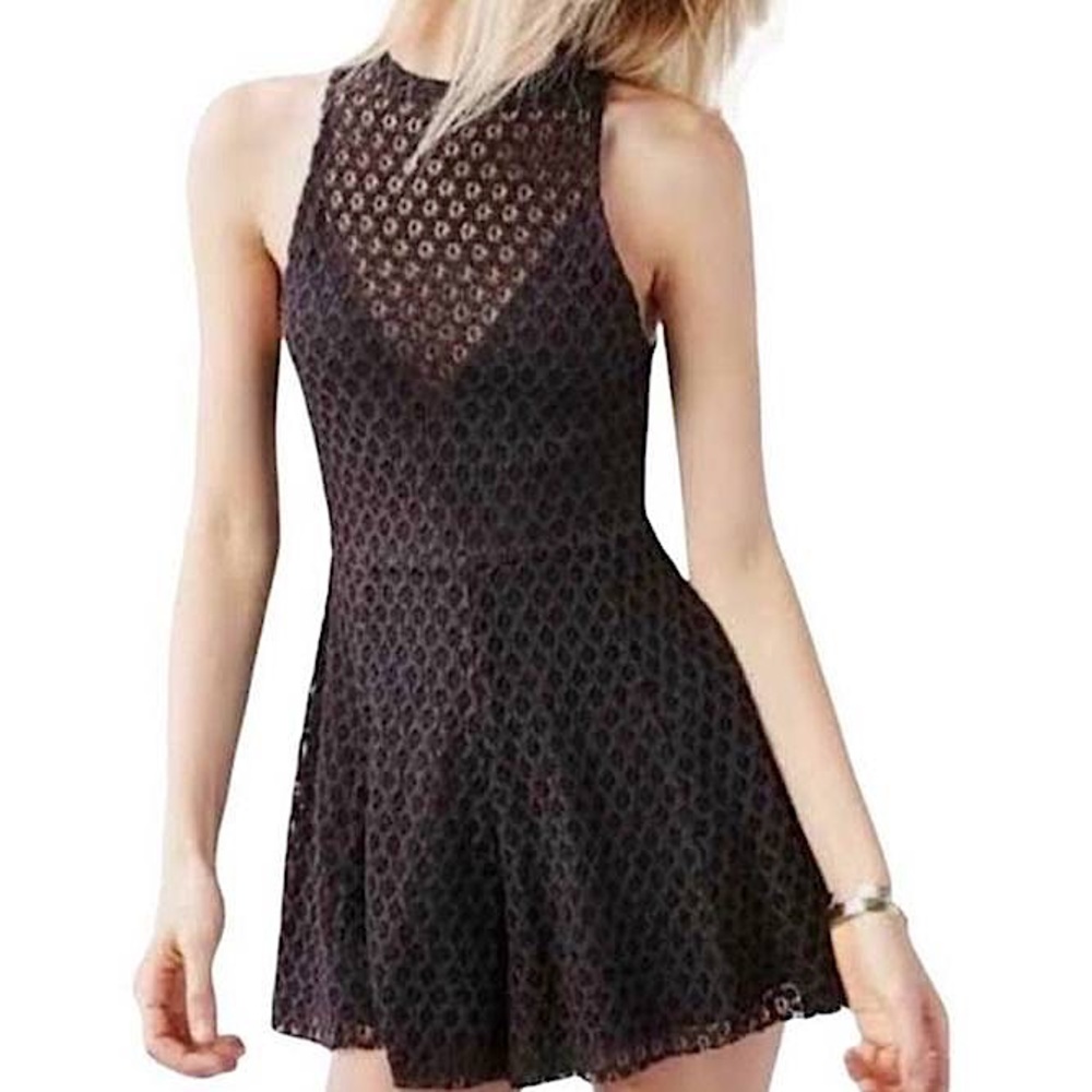 UO Silence + Noise Black/Dark Brown Crotchet Mesh Knit Halter Romper